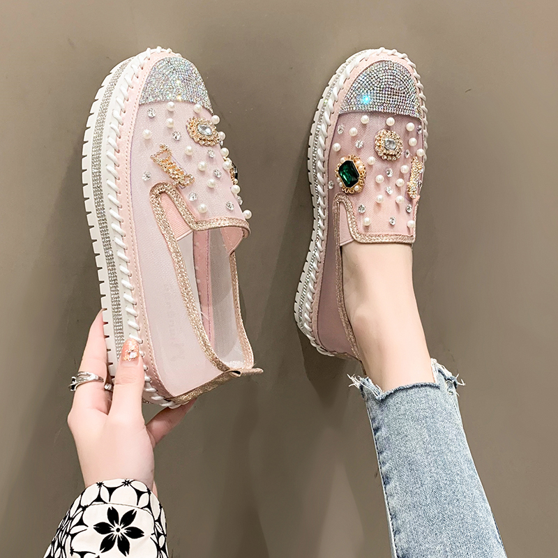 Designer Platform Loafers Women Summer Mesh Breathable Sneakers Rhinestone Pearl Flat Shoes Slip-On Pink Single Shoes Ladies Footwear Comfortable Walk