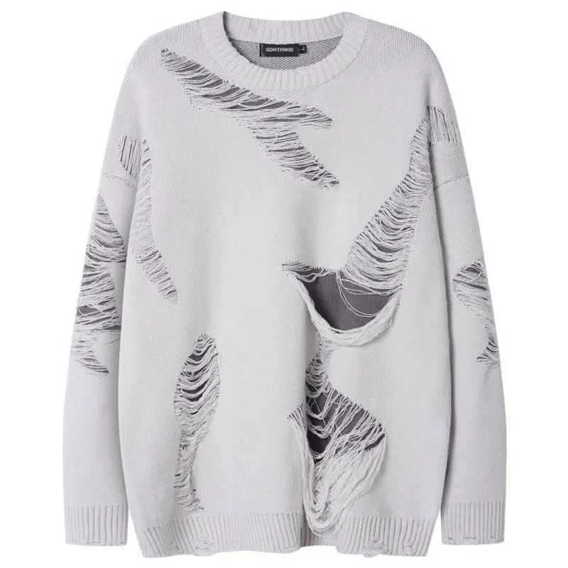 Vintage Sweater Grunge Ripped Hole Knitted Solid Plain Jumpers Streetwear Hip Hop Harajuku Men Punk Gothic Long Sleeve Sweaters J251015