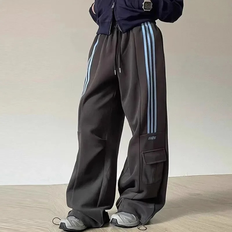 Heavyweight Sporty Wide Leg Pants Loose Fit Cotton Street Dance Womens ThreeStrap American Style Trousers Casual Sweatpants Z260314