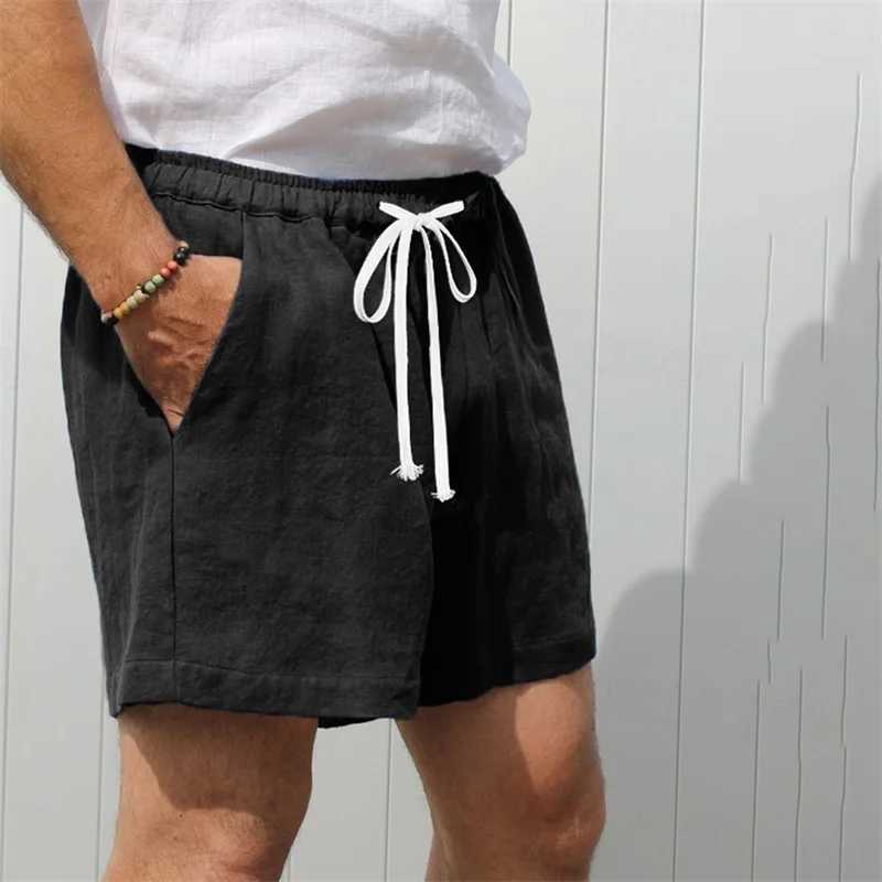 Mens Linen Beach Shorts Solid Color Elastic Waist Drawstring Swim Trunks with Pockets Casual Swim Shorts for DailyT251015
