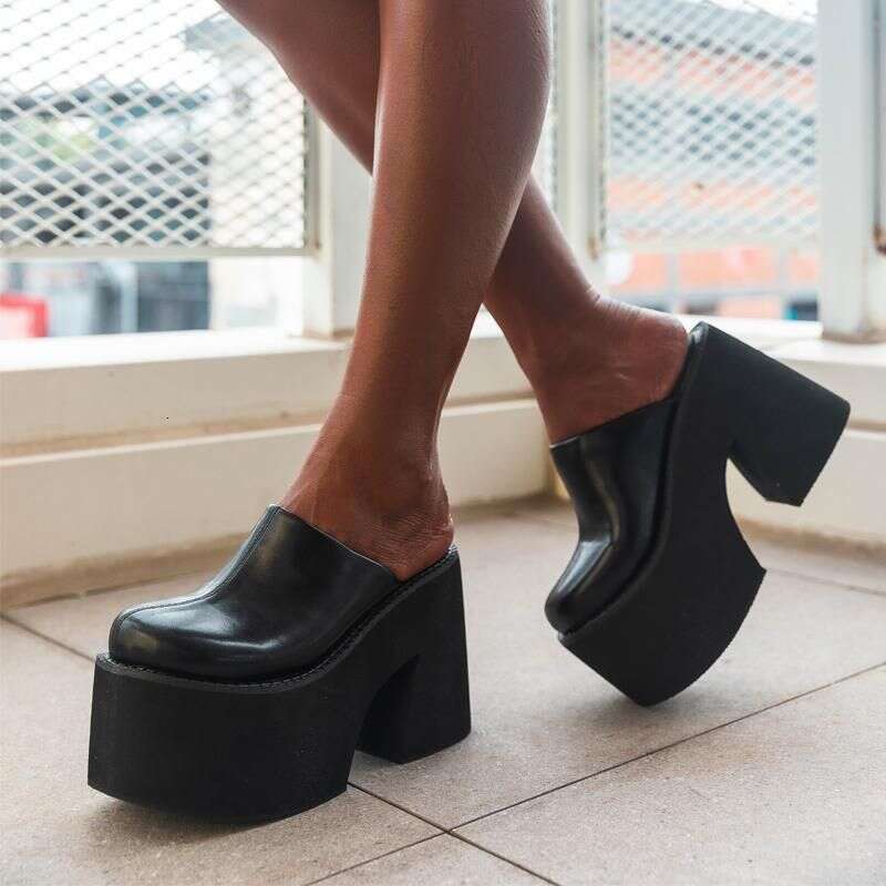 Closed Toe Mules Chunky Heels Shoes Women Thick Bottom Black High Platform Slingback Daily Wear Comfortable