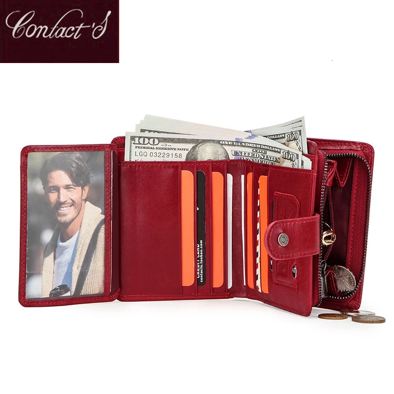 ContactS Genuine Leather Wallets Women Men Wallet Short Small RFID Blocking Card Holder Ladies Red Coin Purse 251014
