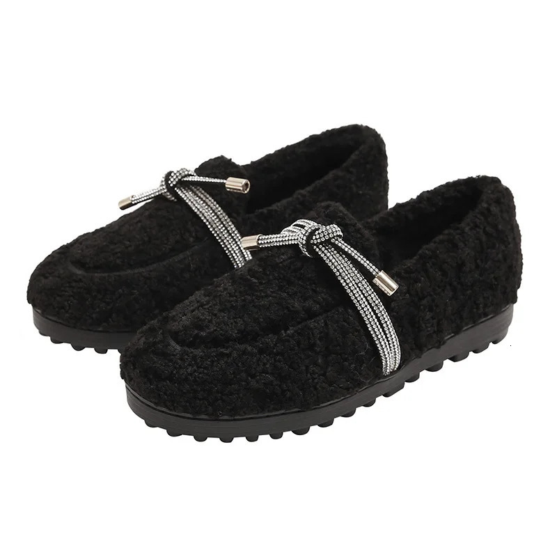 Curly Fur Shoes Woman Glitter Bowtie Cotton Flats Lambswool Loafers Ladies Winter Footwear Cashmere Plush Shoes Comfy Moccasins 251013
