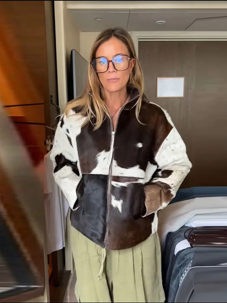 Womens Irregular Printed Jackets Cow Pattern Coats Standing Collar Zipper Jacket Autumn Woman Clothes High Street Tops251014