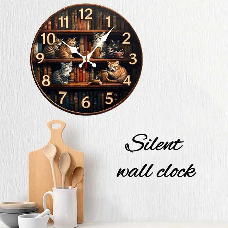 Bookshelf With Cats Wooden Round Silent Hanging Wall Clock Suitable For Living Room OfficeStudy RoomBedroom Home Decoration C251015