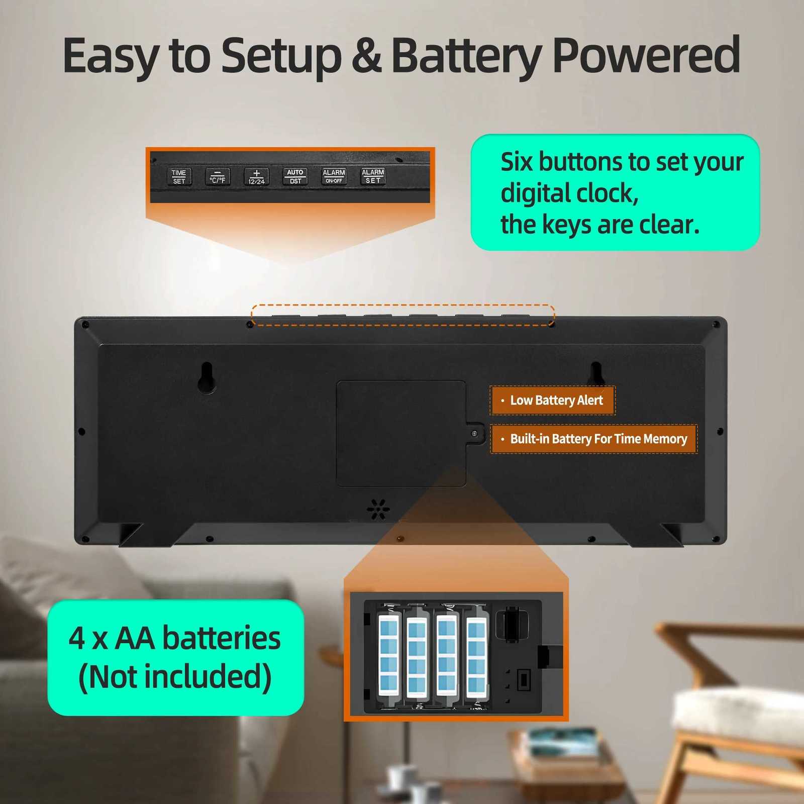 145 Large Digital Wall Clock Battery Operated Clock with Large Display Numbers Calendar Auto DST Clocks for Living Room C251015