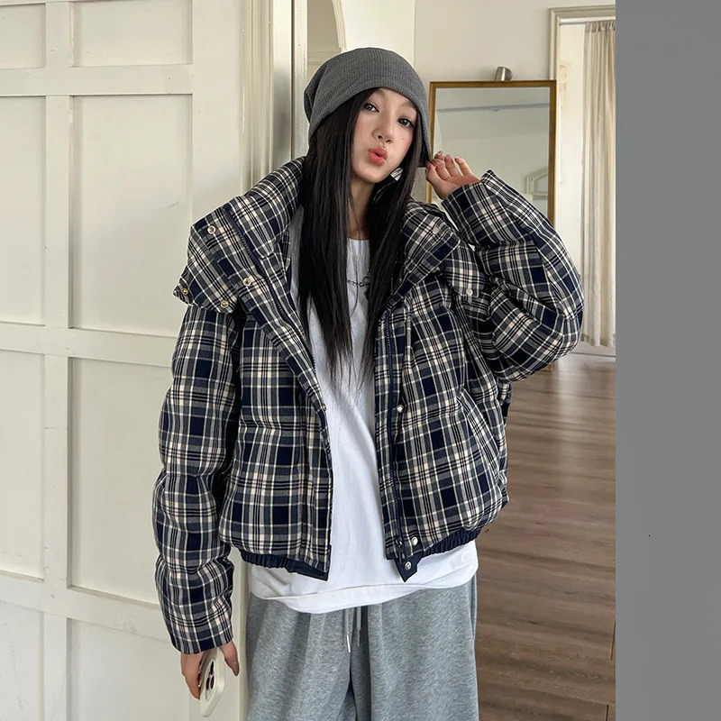 Autumn Winter Thick Warm Puffer Jacket Women Fashion Hooded Long Sleeve Short Parkas Print Plaid Down Cotton Padded Coat Female 251011