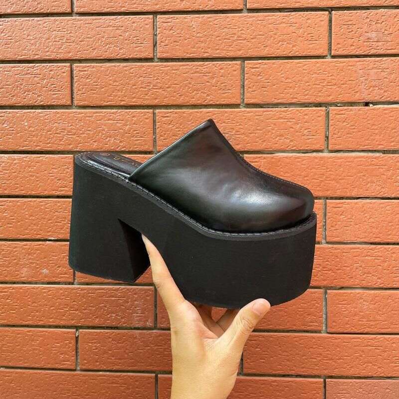 Closed Toe Mules Chunky Heels Shoes Women Thick Bottom Black High Platform Slingback Daily Wear Comfortable