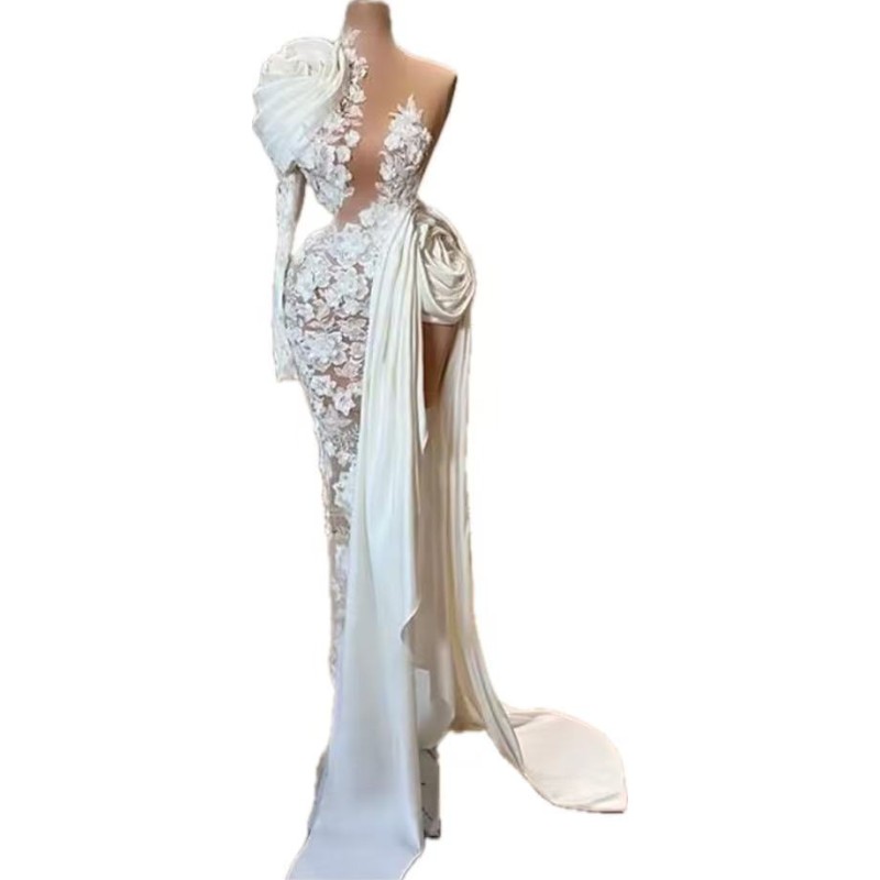 Ruched Flowers Designer Prom Dresses White Lace Mermaid Formal Occasion Evening Gowns Sweep Train Sexy High Split Vestidos De Fiesta Second Reception 
