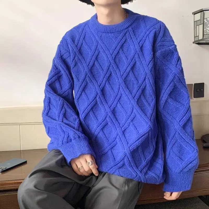 Retro Plaid Sweater Mens Winter Japanese Loose Lazy Style Sweater Round Neck Inner Base Shirt J251015