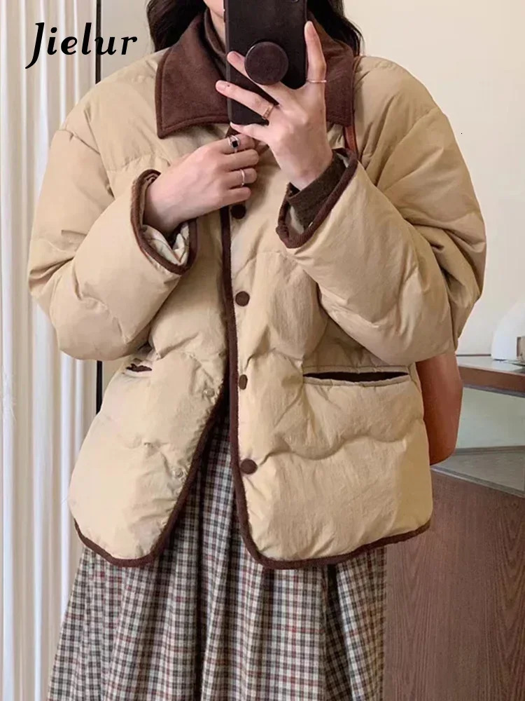 Jielur Ins Contrast Color Chic Button Loose Corduroy Women Parkas Fashion Pockets 5colors Single Breasted Casual Female Parkas 251030