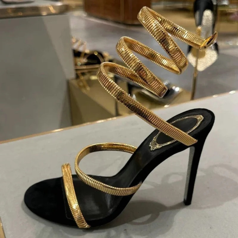 Summer Gold OneLine Strappy Sandals Women Snake Wrapped Sexy Square Head High Heels Stiletto Party Shoes 251014 - view 3