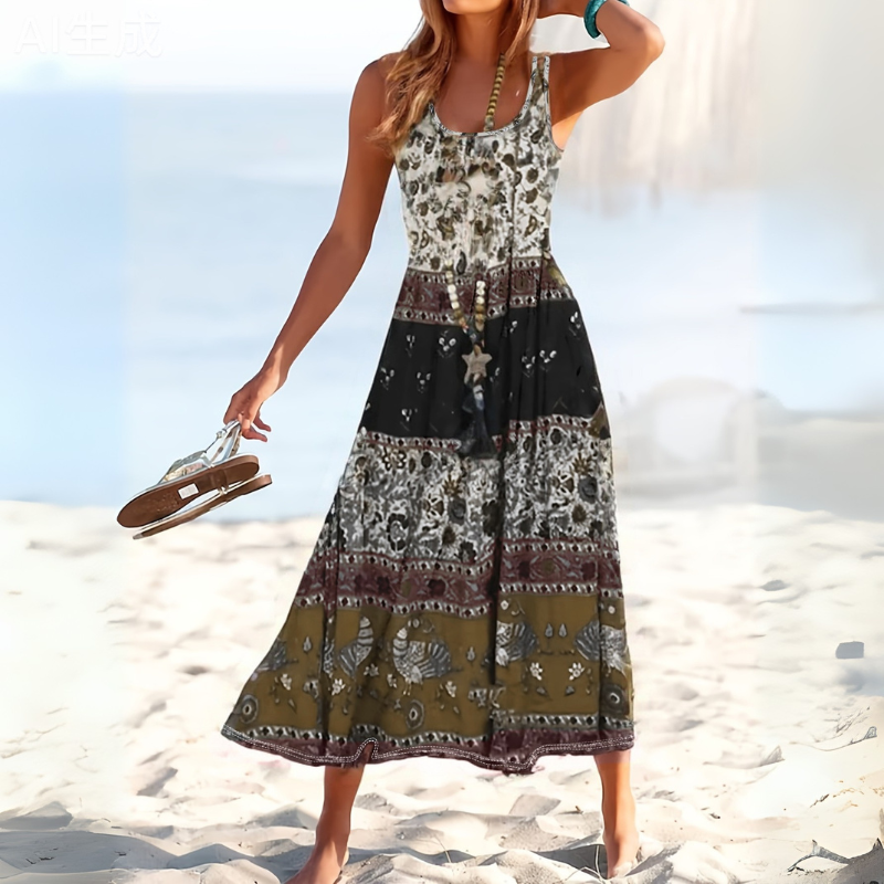Elegant Womens Mid-Length Dress with Full Print Design for Fall/Winter - Ethnic & Vintage Style-CF43583