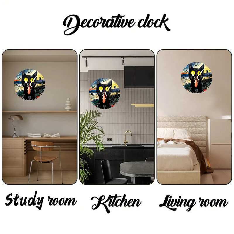 Black Cat Meme Wooden Round Silent Hanging Wall Clock Suitable For Living Room Office Study Room Bedroom Home Decoration C251015