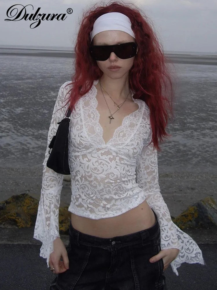 Dulzura VNeck Long Slit Flare Sleeves Lace TShirt See Through Sexy Crop Top Party Clubwear Autumn Winter Y2K 251015