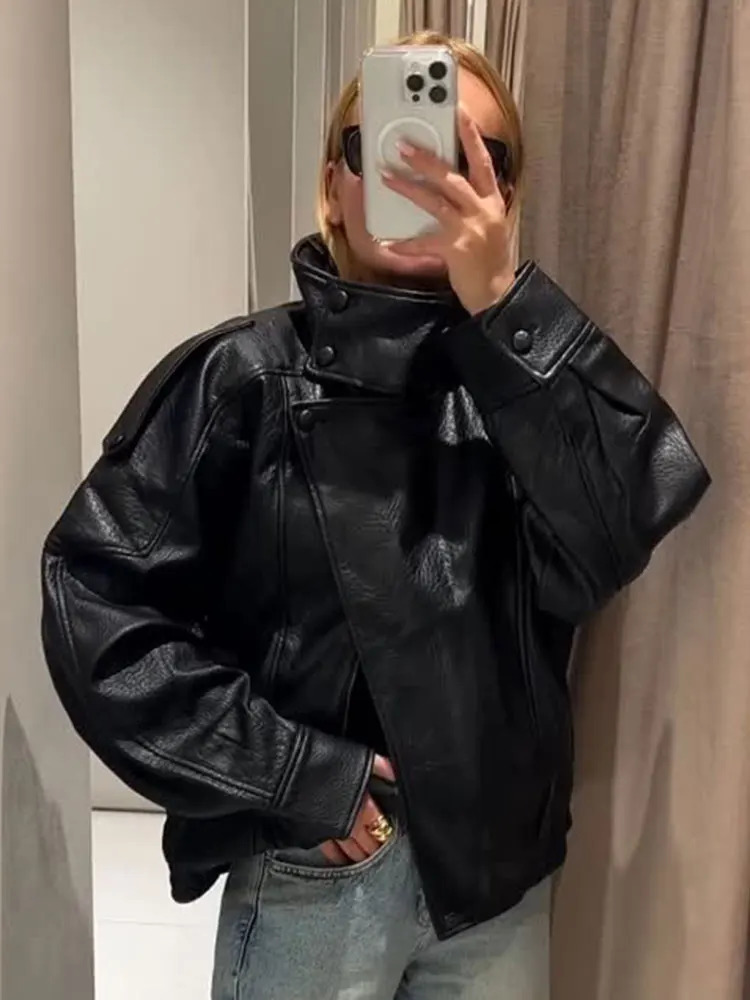 HH Street Fashion Asymmetric Leather Jacket For Women Long Sleeves Zipper With Pockets Turtleneck Autumn Retro Loose Coats 251013