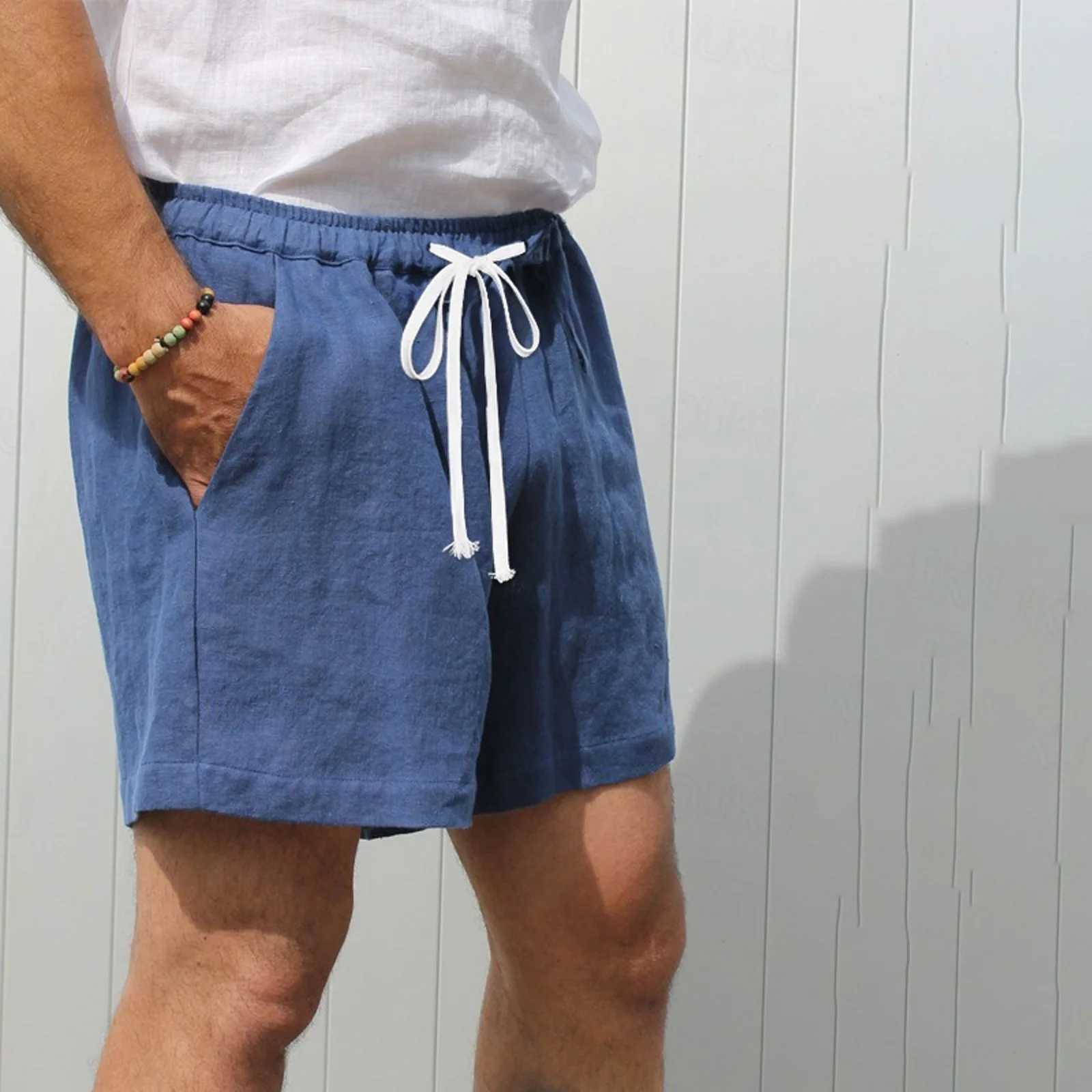 Mens Linen Beach Shorts Solid Color Elastic Waist Drawstring Swim Trunks with Pockets Casual Swim Shorts for DailyT251015