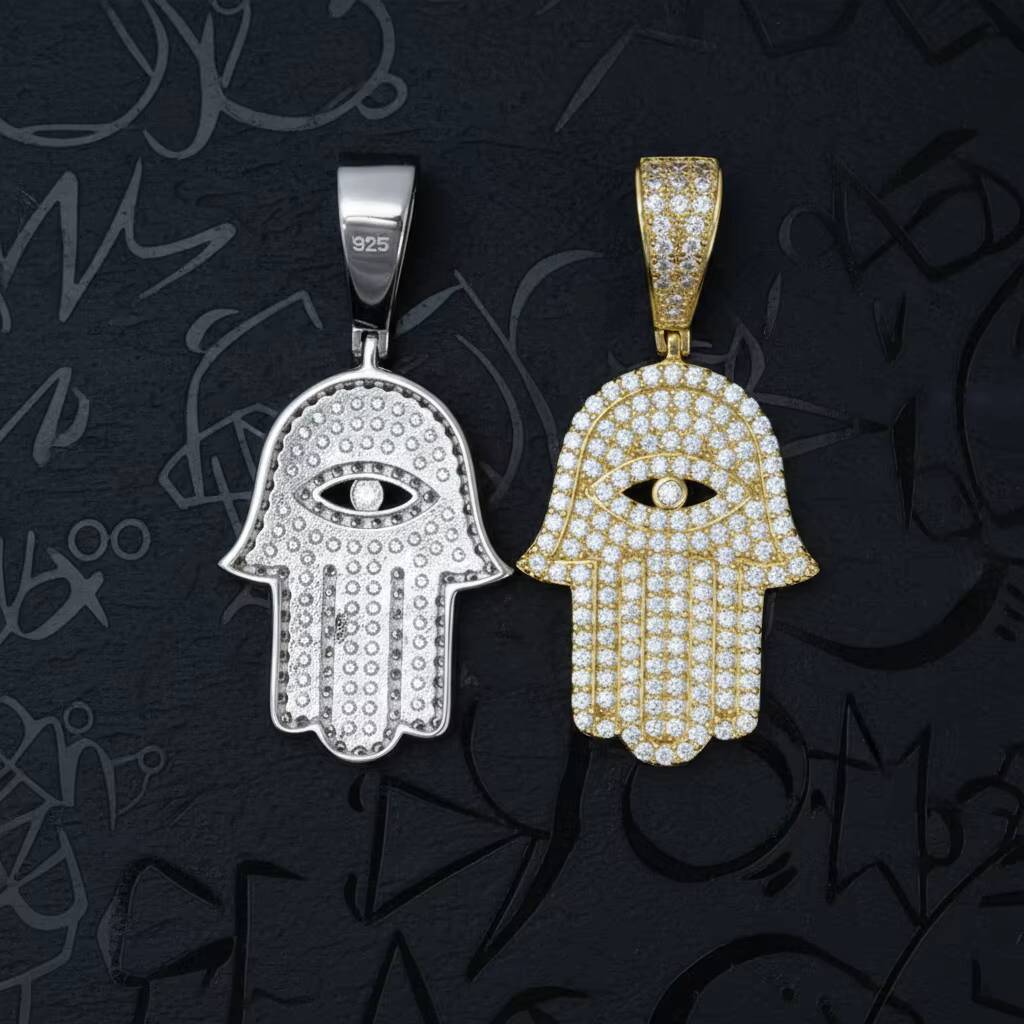 GRA D Color Iced Out 925 Sterling Silver Evileye Hamsa Hand Pendant Jewelry Moissanite Diamond Pendant Pass Diamond Tester