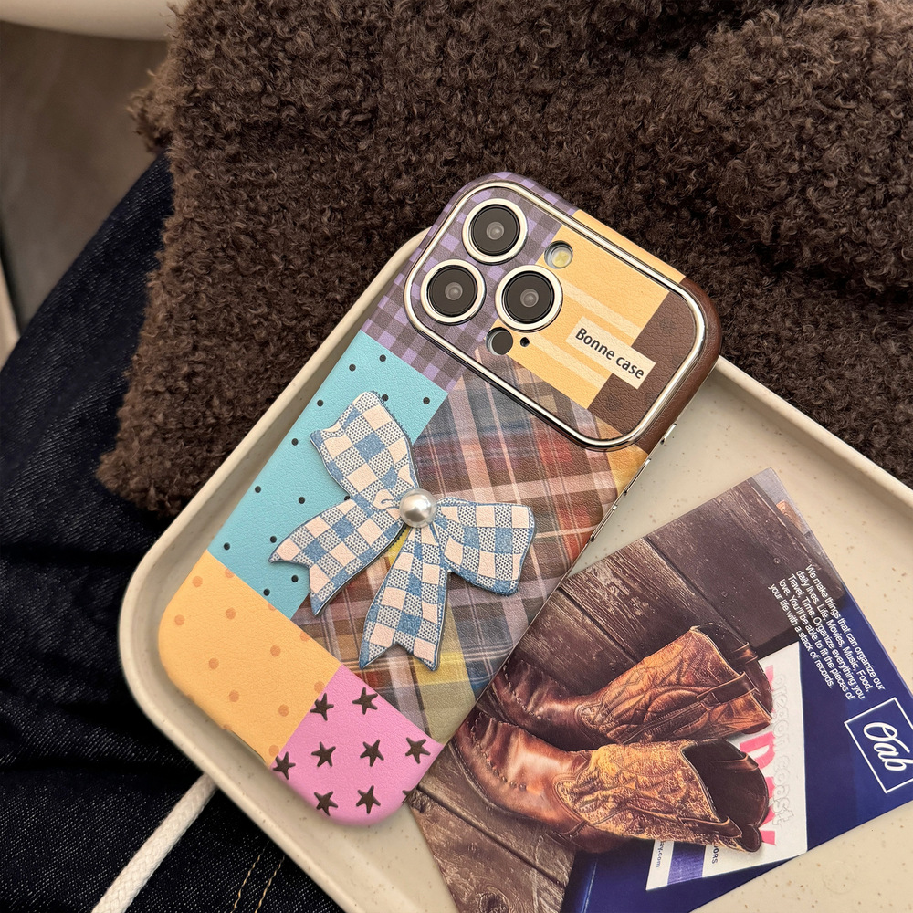 Compatible with iPhone 16 Apple Phone Case 17 Pro Max Colorful Plaid Stitching 15 3D Bow 13 Leather