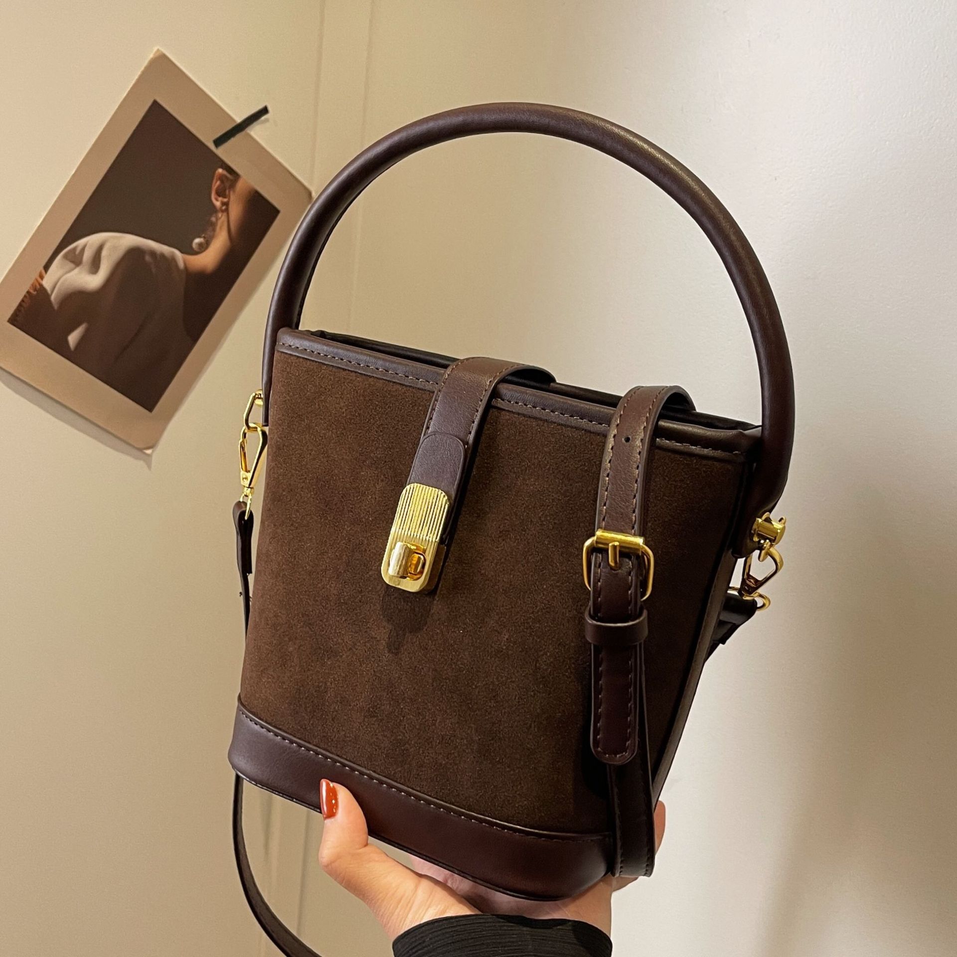 Luxury Fall Winter Bucket Bag, Women's Suede Look Large Crossbody Bag, Multi-Way Top Handle Underarm Purse