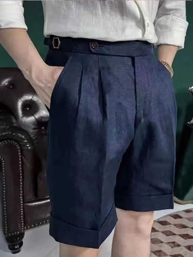 British Style Men Naples Cotton Linen Shorts Paris Waist Buckle Knee Length Trouser Summer High Quality Casual Loose ShortsT251015