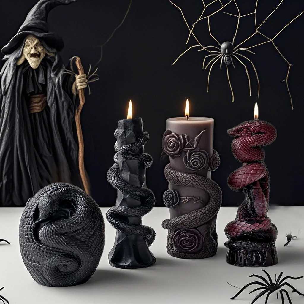 DIY Geometric Skull Flower Snake Aromatherapy Gypsum Resin Mold Halloween Gift 3D Rotating Snake Candle Silicone Mold C251015