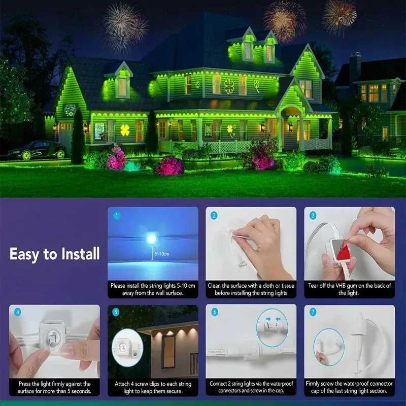 500FT Smart RGB Eave Lights App Remote IP67 Permanent Outdoor LED String Lights Home New Year Christmas Birthday DIY Lighting X251015