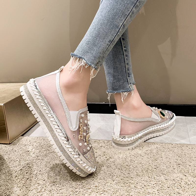 Designer Platform Loafers Women Summer Mesh Breathable Sneakers Rhinestone Pearl Flat Shoes Slip-On Pink Single Shoes Ladies Footwear Comfortable Walk