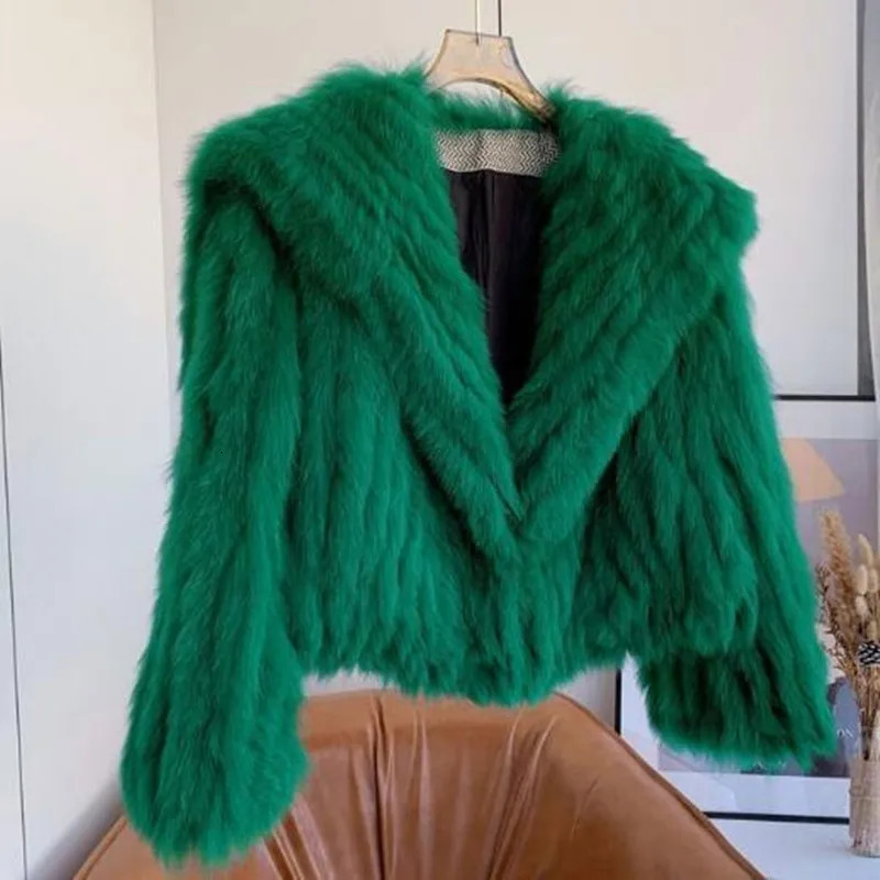 fur short coat woven Rex rabbit fur green long hair lapel winter coat 251011