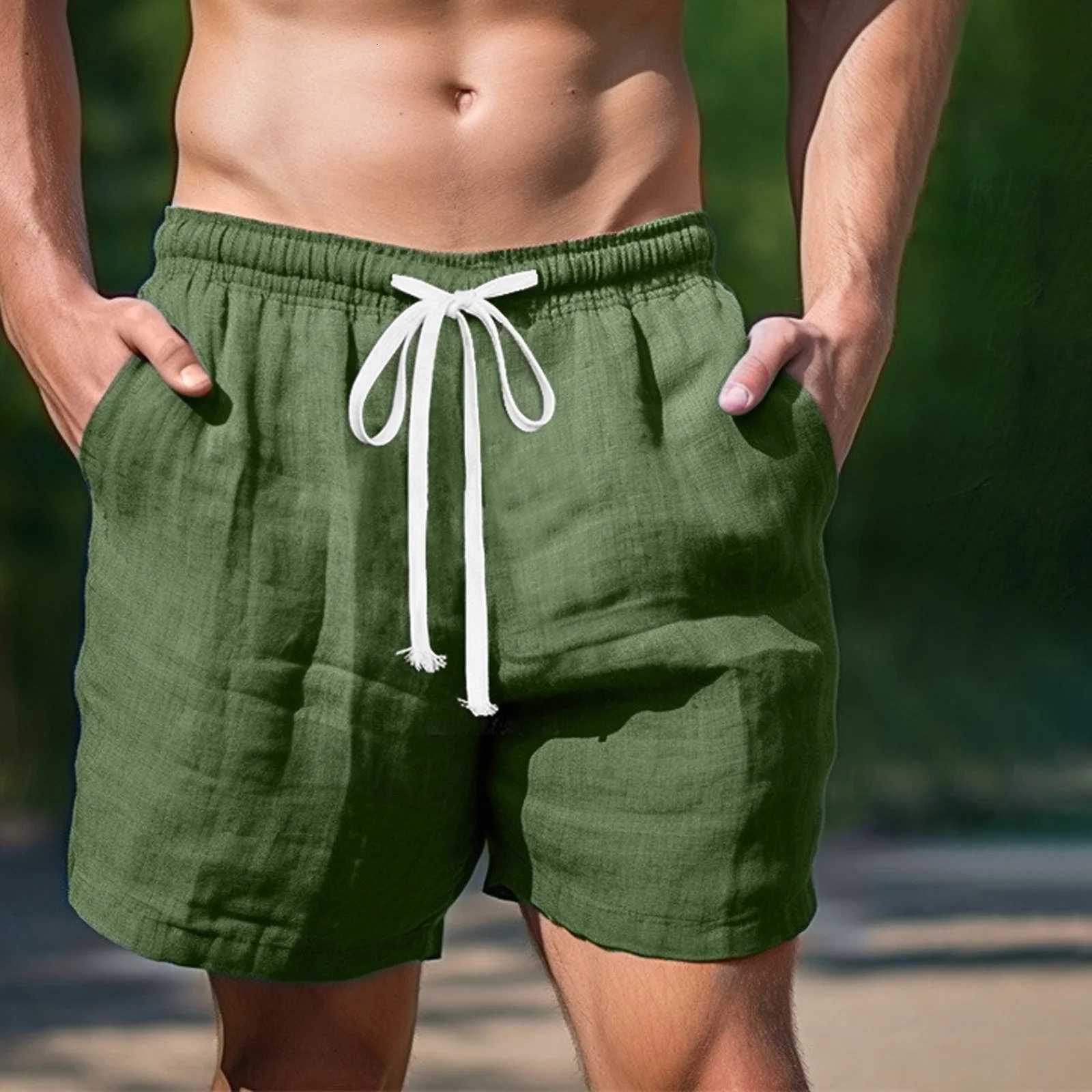 Mens Linen Beach Shorts Solid Color Elastic Waist Drawstring Swim Trunks with Pockets Casual Swim Shorts for DailyT251015