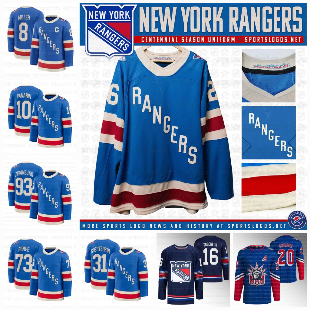 8 J.T. Miller Matt Rempe 2025-26 Centennial Ranger Jersey Chris Kreider Artemi Panarin Jonathan Quick Mika Zibanejads Fox Igor Shesterkin