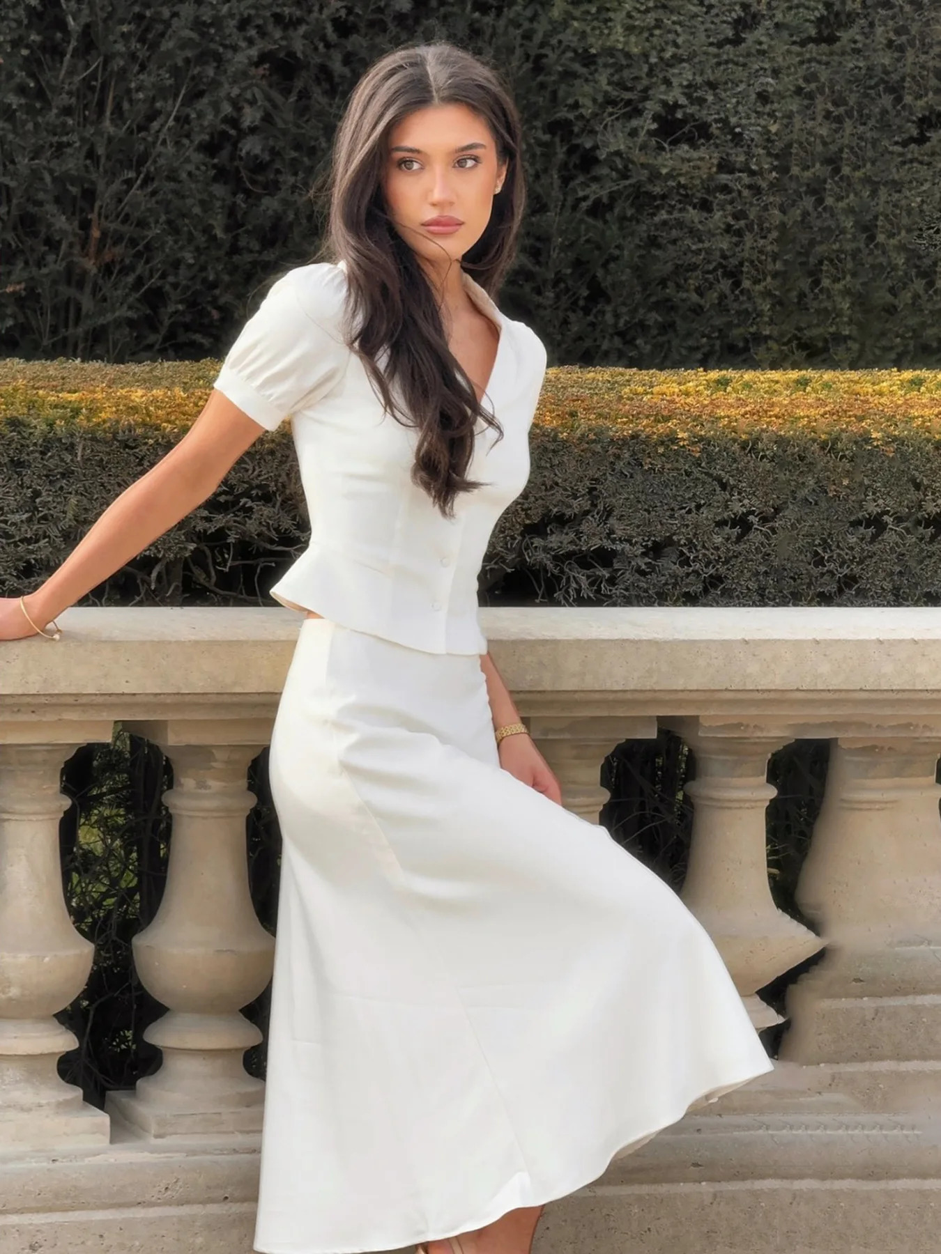 White Twopiece Ladies Set Elegant Mermaid Skirt and Puff Sleeve Lapel Top Commute Office Lady Outfits Women Fashion Suits 251011