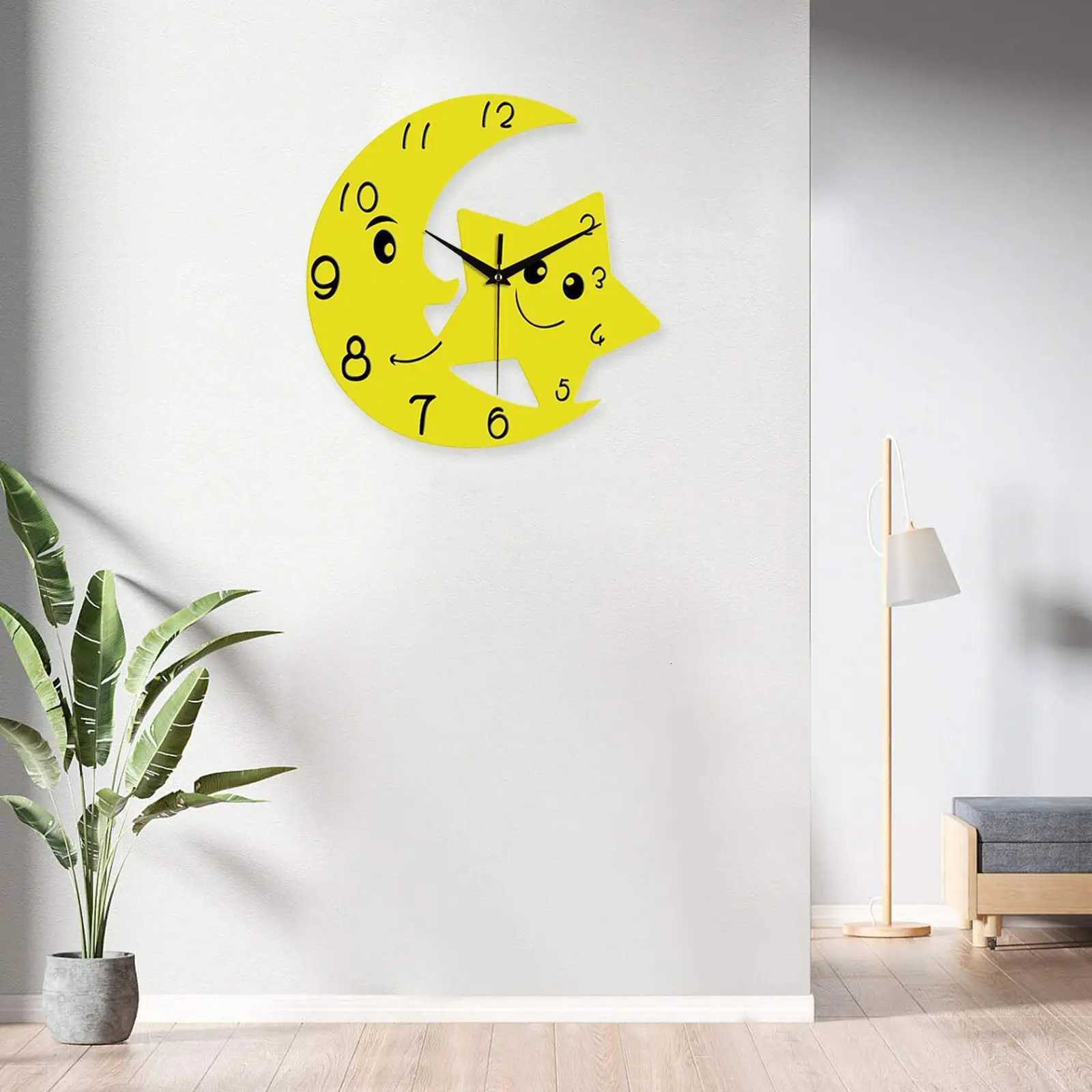 Cute Moon Star Wall Clock Mute Modern Acrylic No Ticking Decoration Wall Art Decor for Dorm Indoor Bedroom Living Room C251015