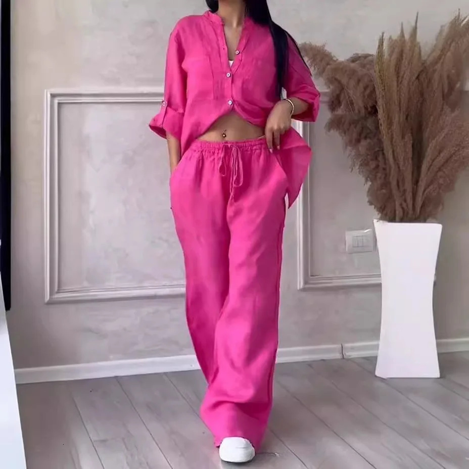 Spring Autumn Cotton Linen Long Sleeved shirt Long Pants Twopiece Set Women Casual Vneck Shirt Drawstring Wide leg Pant Suit 251028