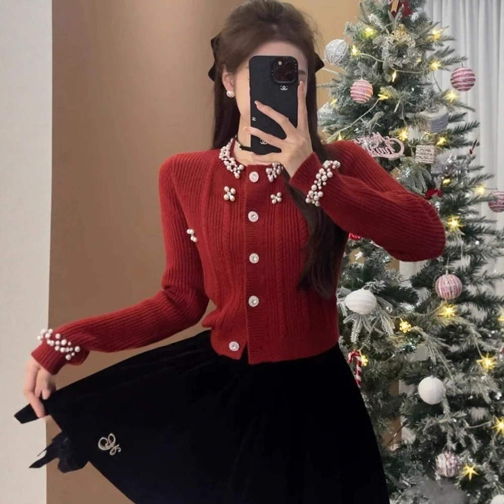 2025 Autumn Luxury Winter New Top Autumn/Winter Thick design Bead Sweater Open Knitted Jacket Women's Unique Design Slimming Designer Jacket Shor