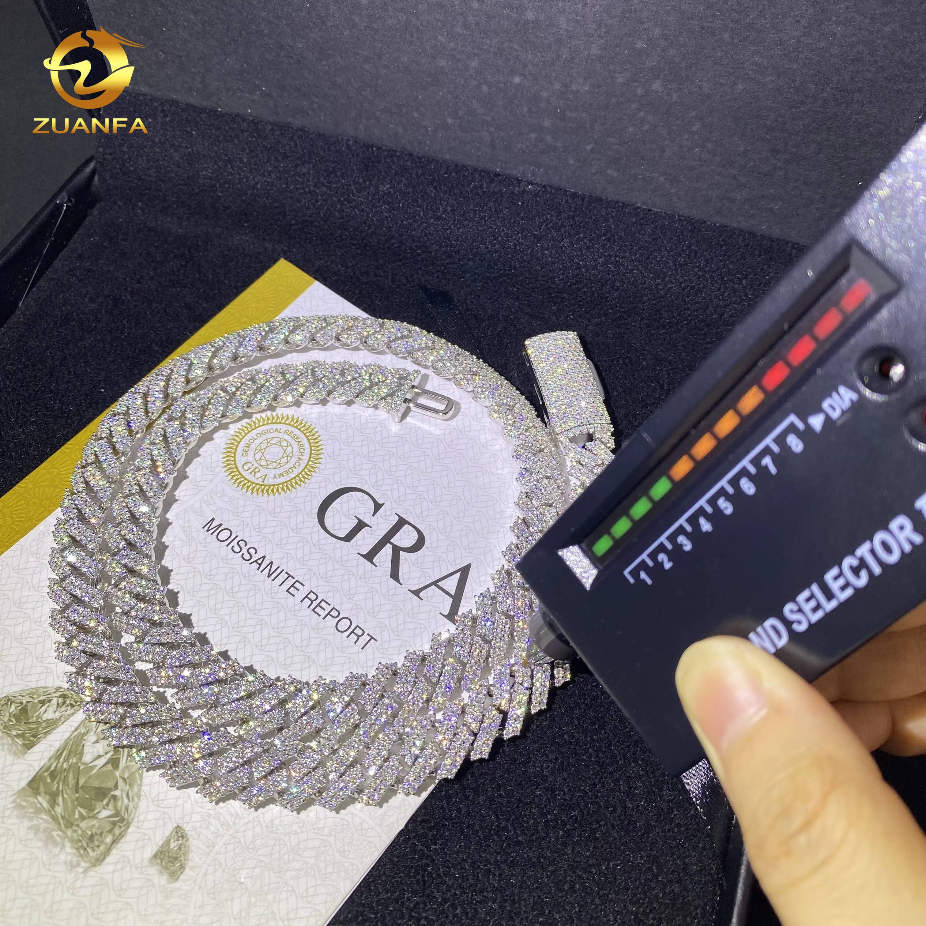 Hot Sale12mm 2Rows 925 Silver Hip Hop Jewelry Bracelet Iced Out VVS Moissanite Diamond Cuban Link Chain Necklace GRA Certificate