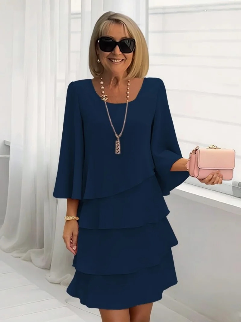 Womens Fashion Cake Skirt 34 Bell Sleeve Crewneck Tiered Layered Flowy Dress Party Wedding Outfits 251013