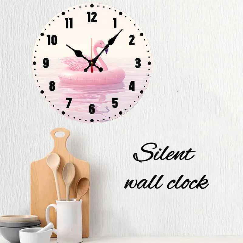 Flamingo Float Wooden Round Silent Hanging Wall Clock Suitable For Living Room Office Study Room Bedroom Home Decoration C251015