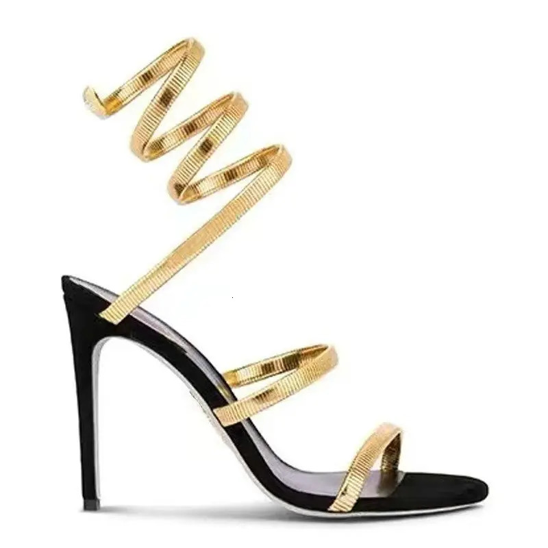 Summer Gold OneLine Strappy Sandals Women Snake Wrapped Sexy Square Head High Heels Stiletto Party Shoes 251014 - view 7