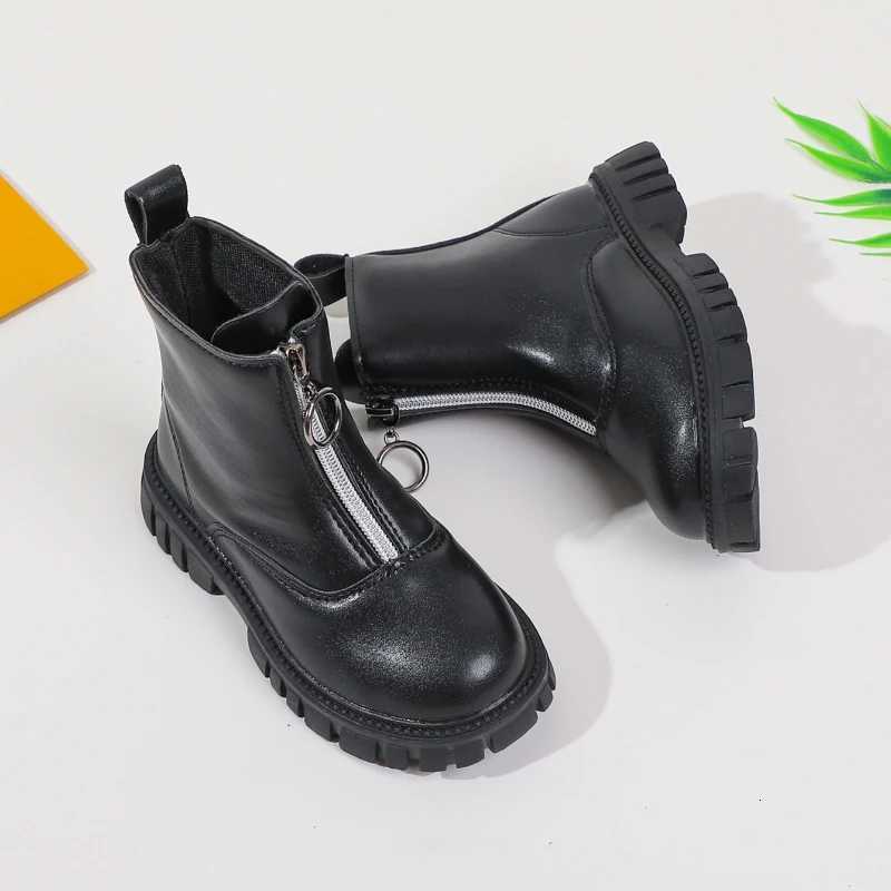Childrens Platform Ankle Boots Autumn New Black Boots for Girls School Causal Nonslip Kids Fashion Leather Boots Front ZipperT251015