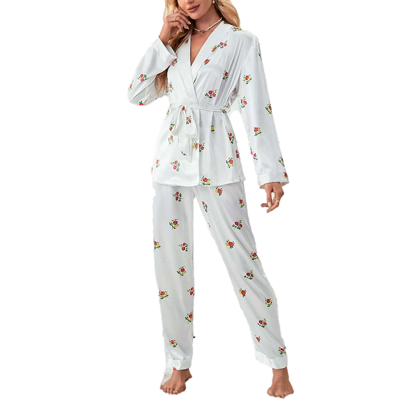 Spring/Fall Women's Silk Satin Floral Print Short Robe and Pants Pajama Set for Homewear nightgown retro nightgown nightgown set nightgown nightd