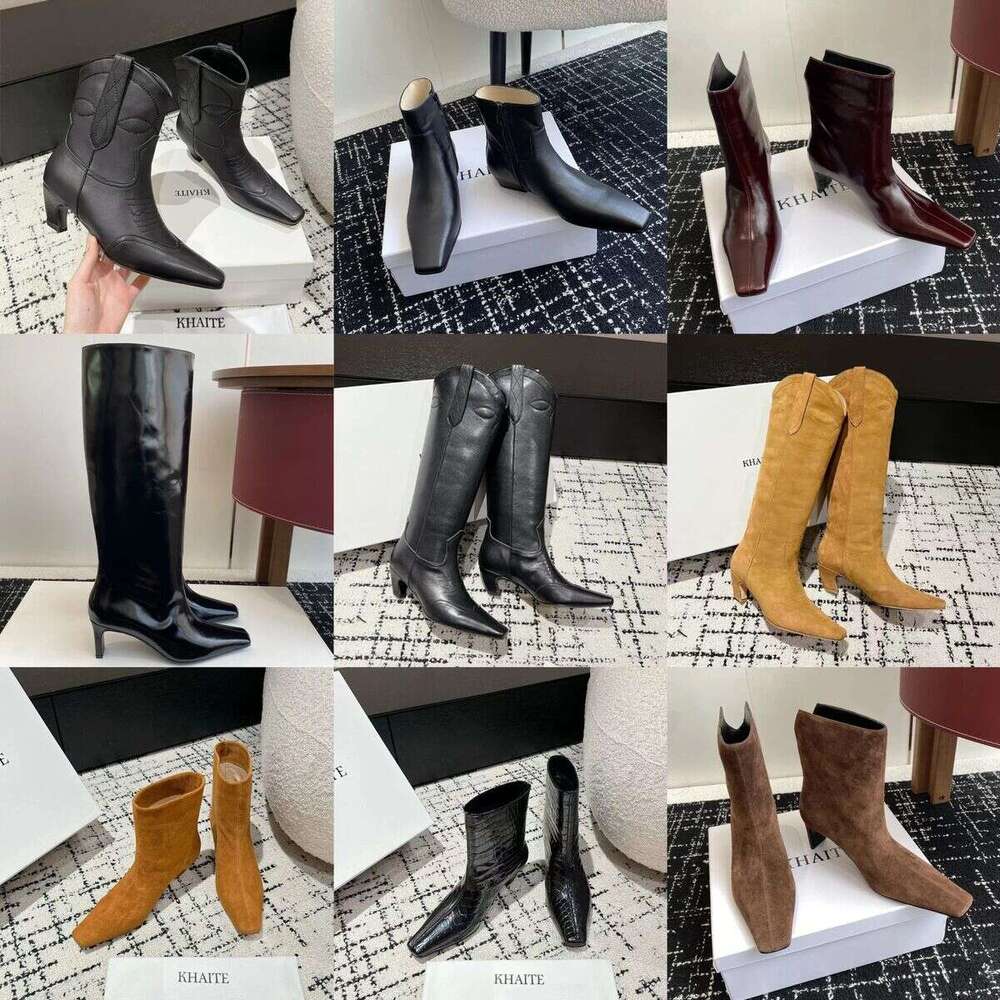 Suede leather Khaite Marfa Ankle Boot Women Designer Martin boot cowboy Western Mini Knee Kitten boots Classic Casual Low Knight platform wedge Shoe With Box