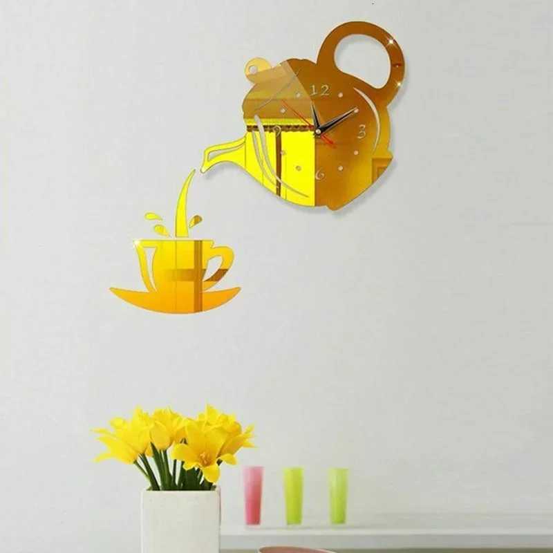 Coffee Cup Teapot Wall Clock 3D Acrylic Kettle Shaped Wall Clocks for Office Home Kitchen Dining Living Room Decoration C251015