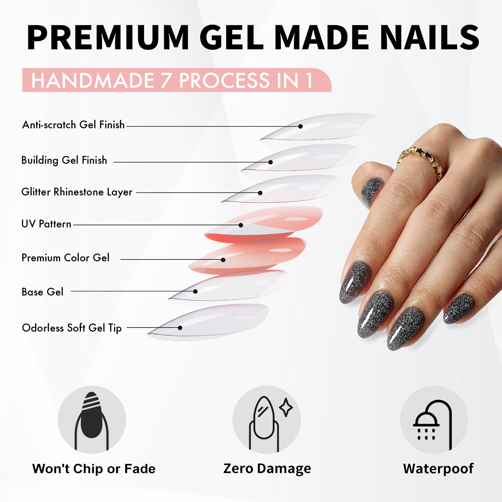 Glitter Black Press On Nails Almond with Sparkling Diamond - Soft Gel Fake Nails Short with Glue, Glossy Glue On Nails for Women Gift in 16 Sizes - 32