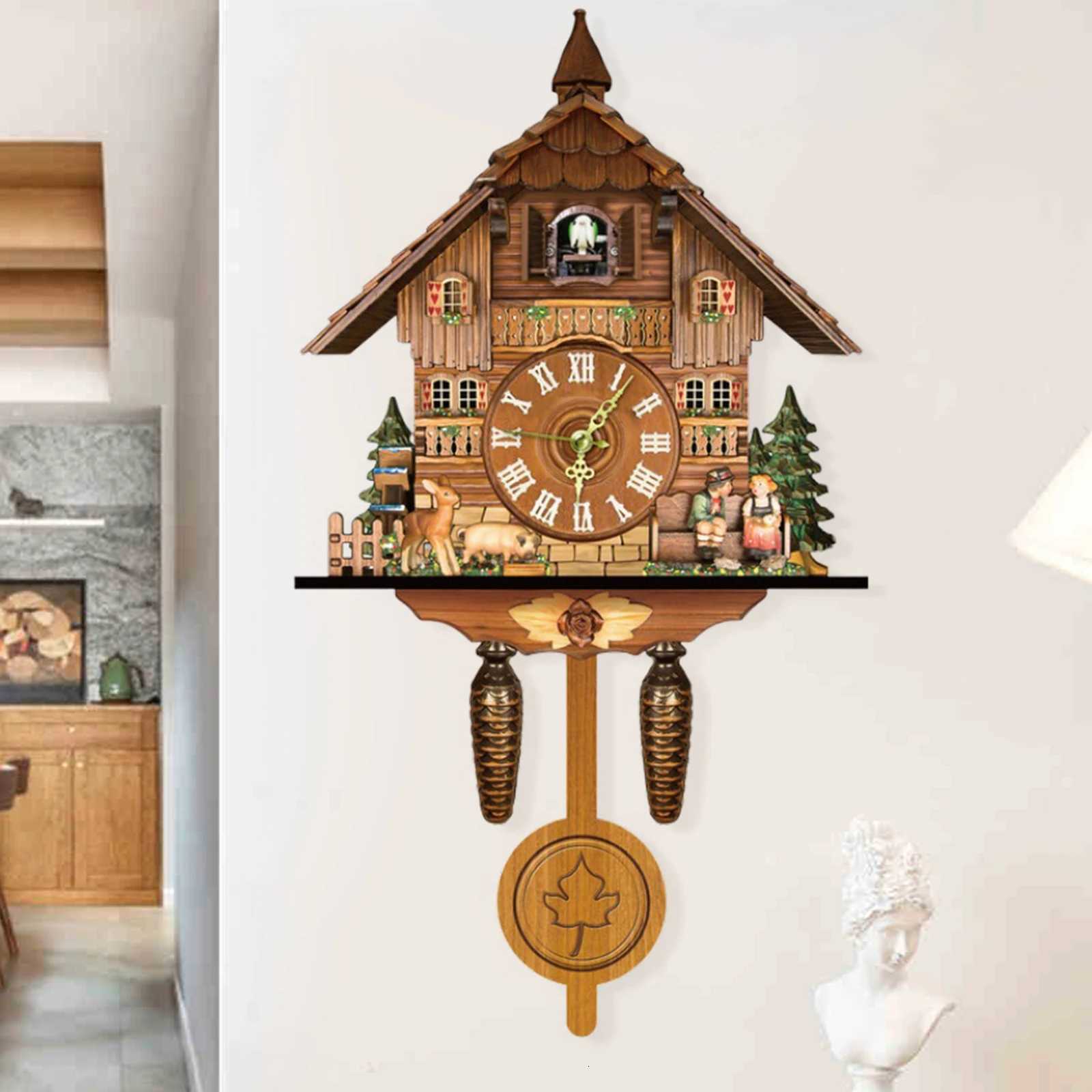 Cuckoo ClockWall Mount Time Bell Swing Alarm Watch Imitation Wood Style with EasytoRead Dials Bird Clock for Living Room C251015