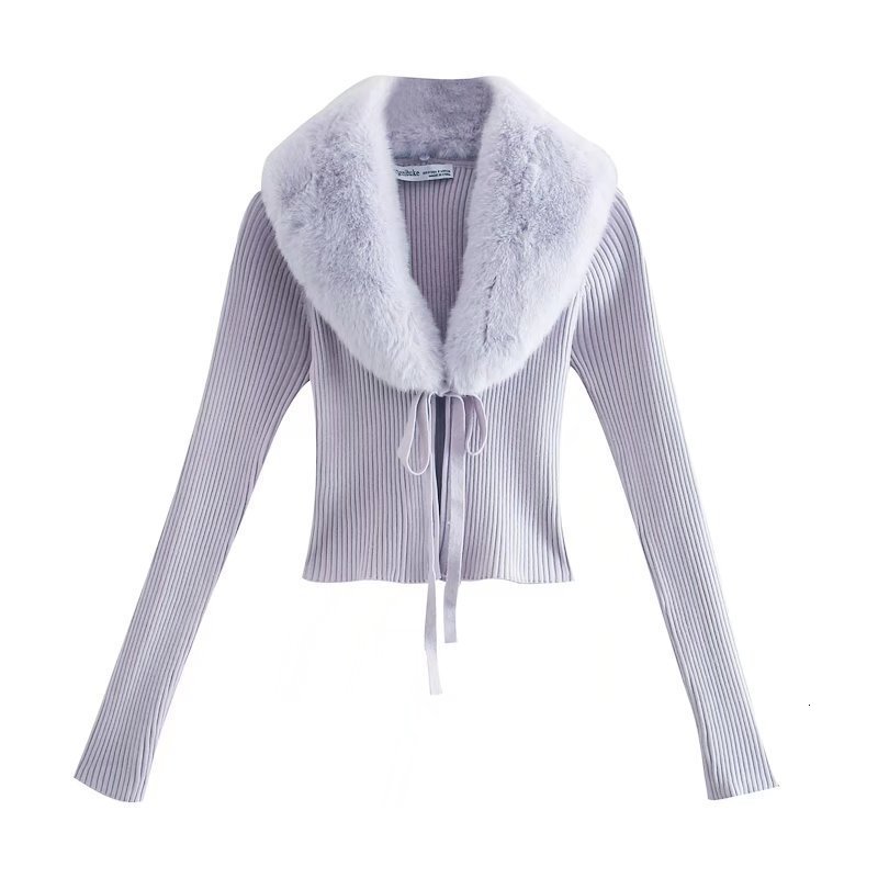 Women Sweet Fur Collar Splicing Knitting Sweater Female Lace Long Sleeve Cardigan Chic Top 210812