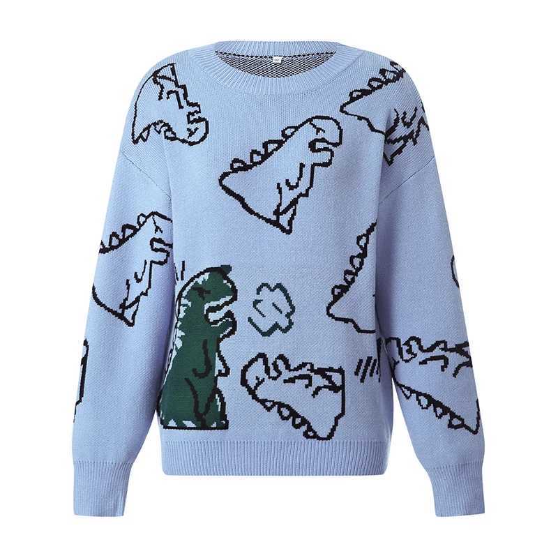 Women Cute Dinosaur Print Knit Sweater Harajuku Oversized Long Sleeve Round Neck Pullover Sweaters Y2K Preppy E Girl Streetwear J251015