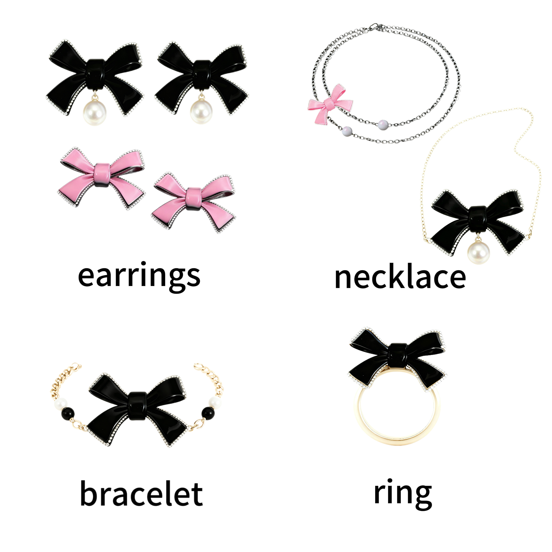 Black enamel bow earrings, round pearl designer pink earrings, luxury bow bracelet, necklace, ring set, high-quality ladies' gifts