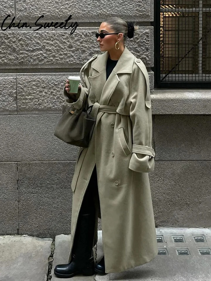 Urban Solid Double Breasted Long Women Coat Loose Full Sleeve Belt Double Breasted Female Jacket 2025 Autumn Winter Lady Top 251028