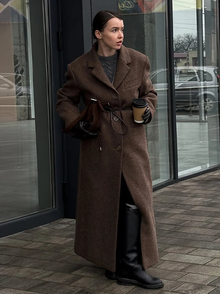 Brown Shoulder Pad Woolen Overcoat Women Elegant Lapel Singlebreasted Long Sleeve Coat 2025 Autumn Lady Outerwear 251028